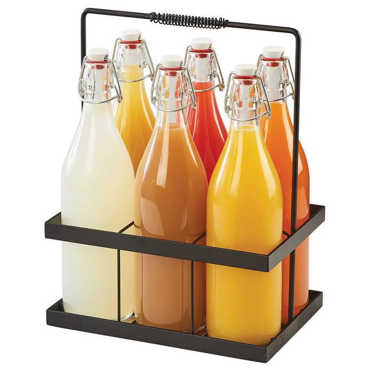 Cal Mil 3660-13 Bottle Caddy with 32 oz Glass Bottles with Wire Bail Swing Top Lids - 11 x 7.5 x 14 in.