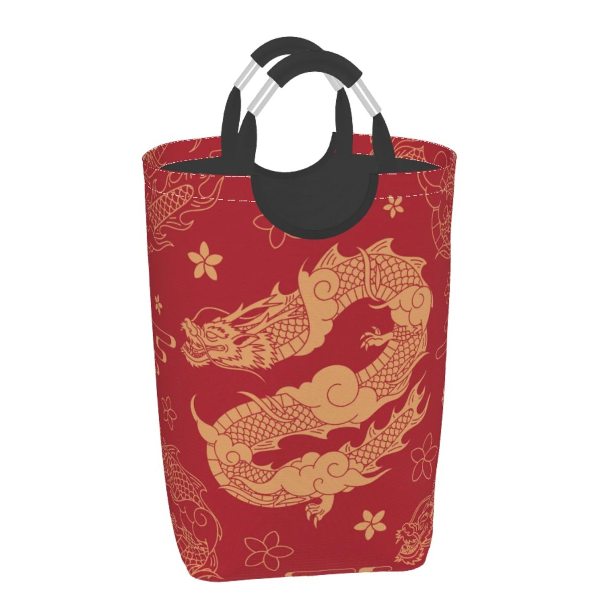 TEQUAN 50L Large Rectangular Laundry Hamper with Aluminum Handles, Red Chinese Dragon Prints Waterproof Foldable Dirty Clothes Basket