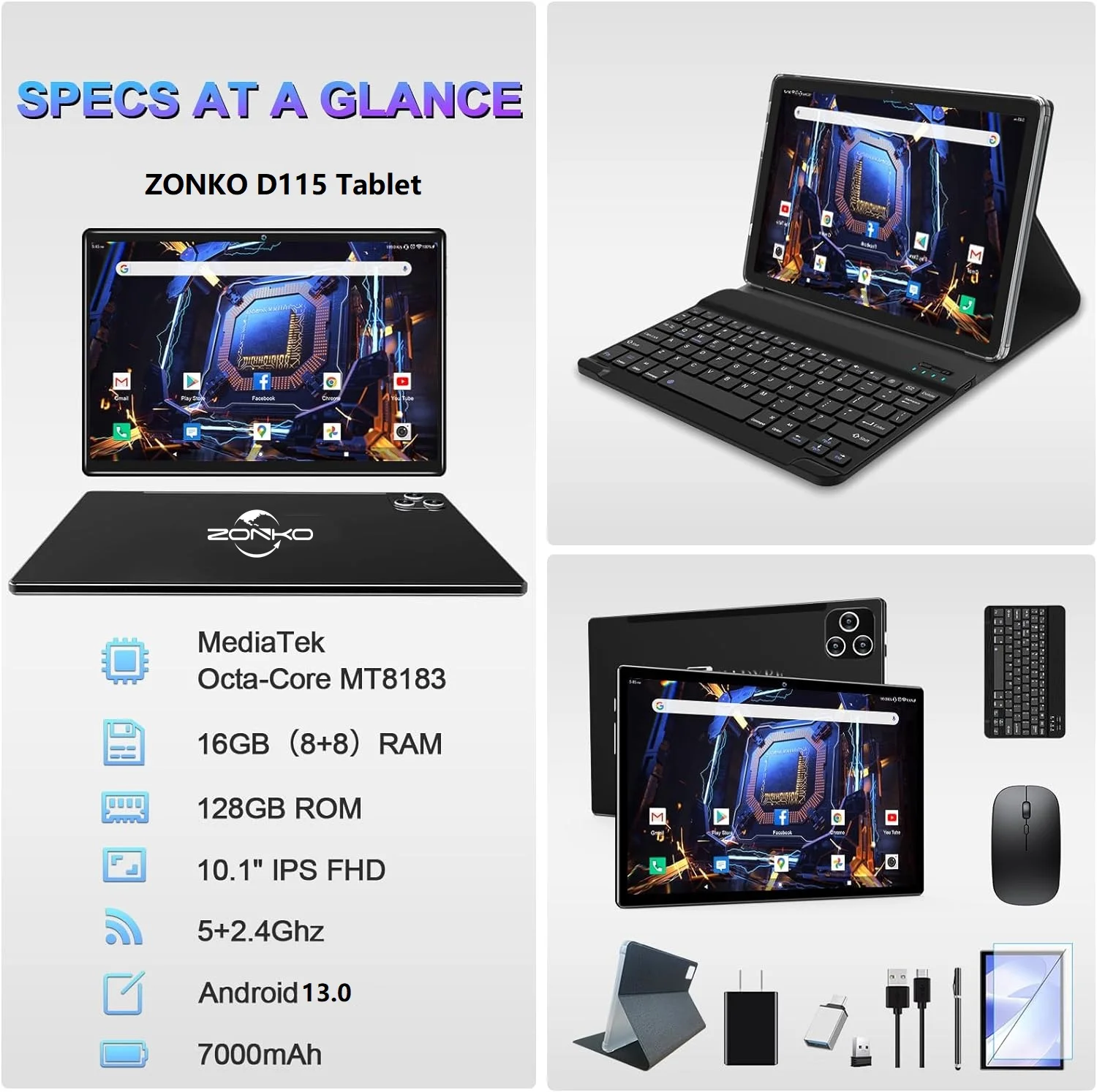 Tablet Android 13 Tablet,10 Inch Android Tablet with Keyboard,5G WiFi Tablet,128GB ROM+16GB RAM (8+8Virtual) +1TB TF Expand,Octa-Core Processor,13MP+8MP Camera,Bluetooth,GPS, FHD Display,2 In 1 Tablet