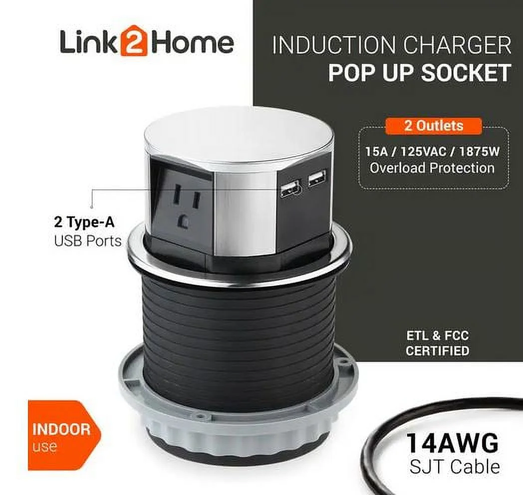 Pop Up Outlet, 3 Power Outlets 15 Amp, 2 USB Ports 2.4 Amp -New