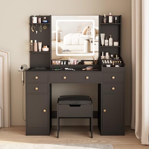 Vabches Vanity Desk with Mirror and Lights, 5 Drawers Makeup Vanity Table with Storage Chair, 44.9in Big Vanity Dresser 3 LED Lighting Modes,Power Outlet,Bedroom White