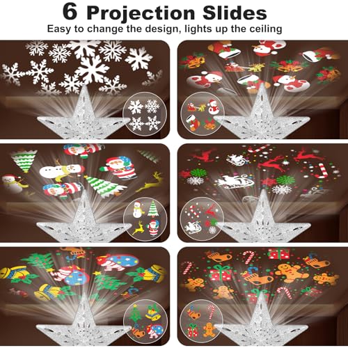 Christmas Tree Toppers Lighted with 6 Projection Modes, Christmas Snowflake Tree Topper with Built-in LED Rotating Lights, Silver 3D Glitter Projection for Xmas Party Holiday Decorations