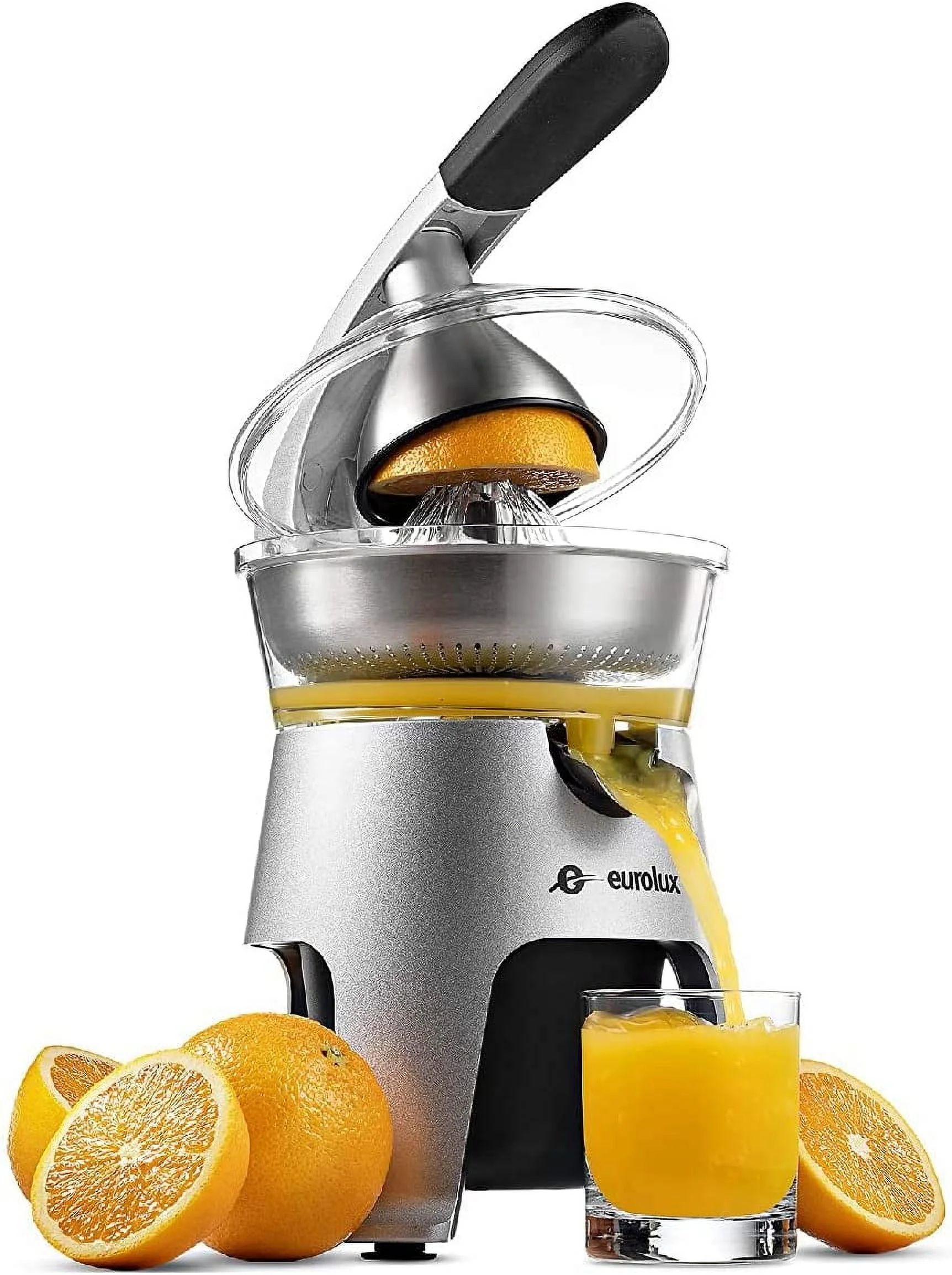 Eurolux Die Cast Stainless Steel Electric Citrus Juicer Squeezer  for Orange  Lemon  Grapefruit | 300 Watts of Power  With 2 Stainless Steel Filter Sizes for Pulp Control