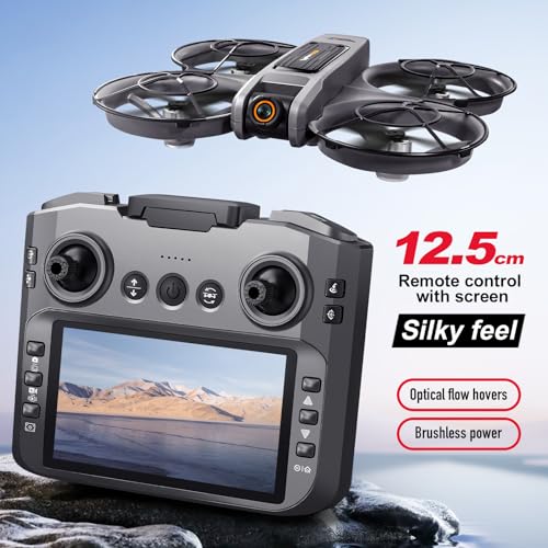 RC Drone With Screen On Controller (4.92in), UHD Dual Camera, Brushless Motor, Optical Flow Hovering, 360° Propeller Guard, 6-Axis Gyro, Headless Mode, One-Key Takeoff/Landing, 3-Speed Adjustable, 50X Zoom, Gesture Control, Trajectory Flight, Night L