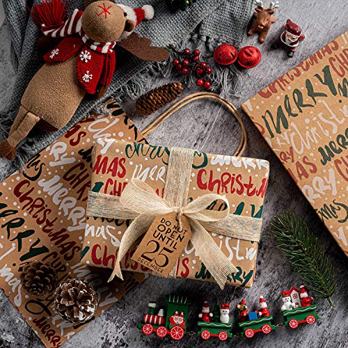 RUSPEPA Christmas Kraft Wrapping Paper - Owl, Reindeer, Christmas Ball and Text Design - 4 Rolls - 30 inches x 10 feet per Roll