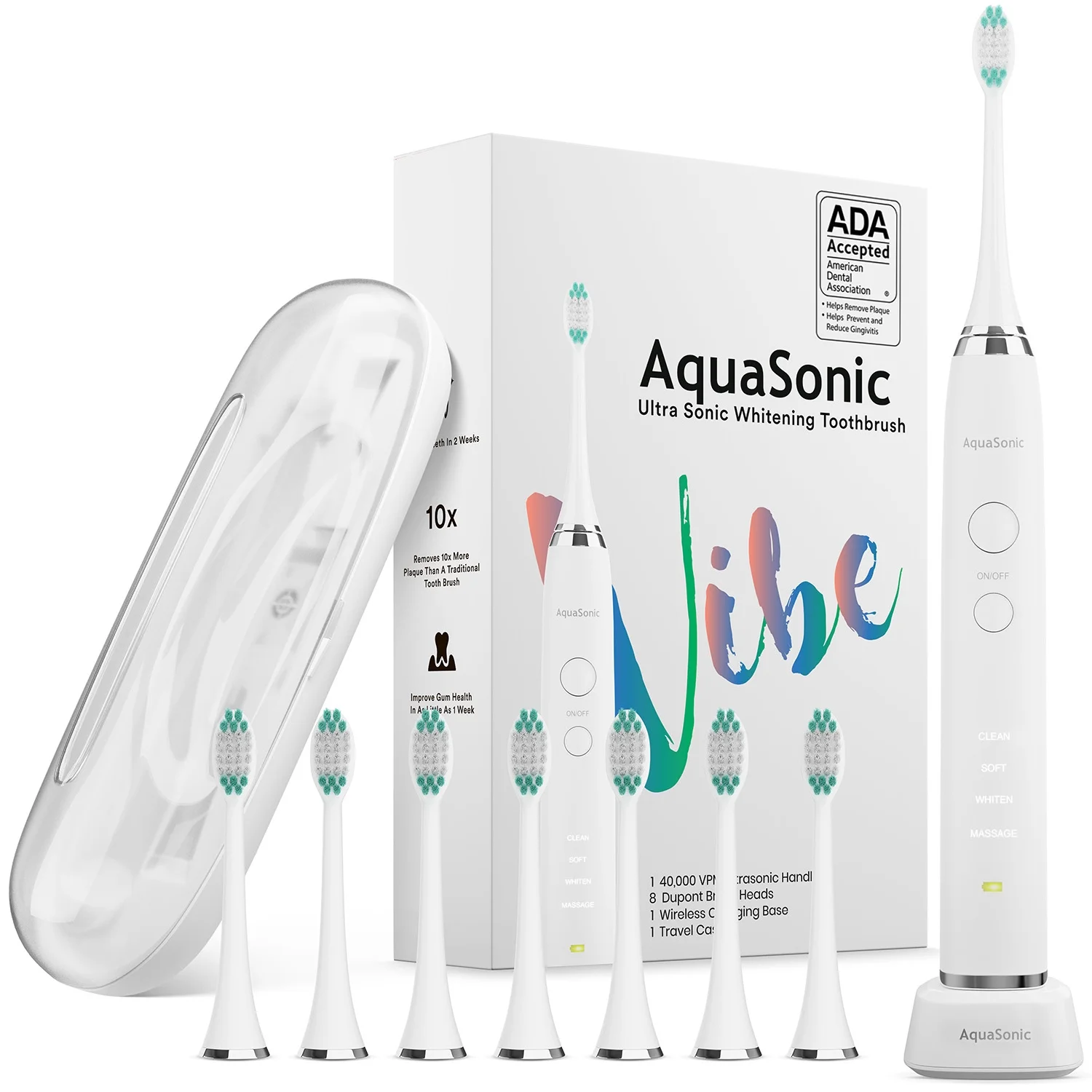 Aquasonic Vibe Series - ADA Accepted - Ultra Whitening Electric Toothbrush - 8 dupont brush heads & travel case
