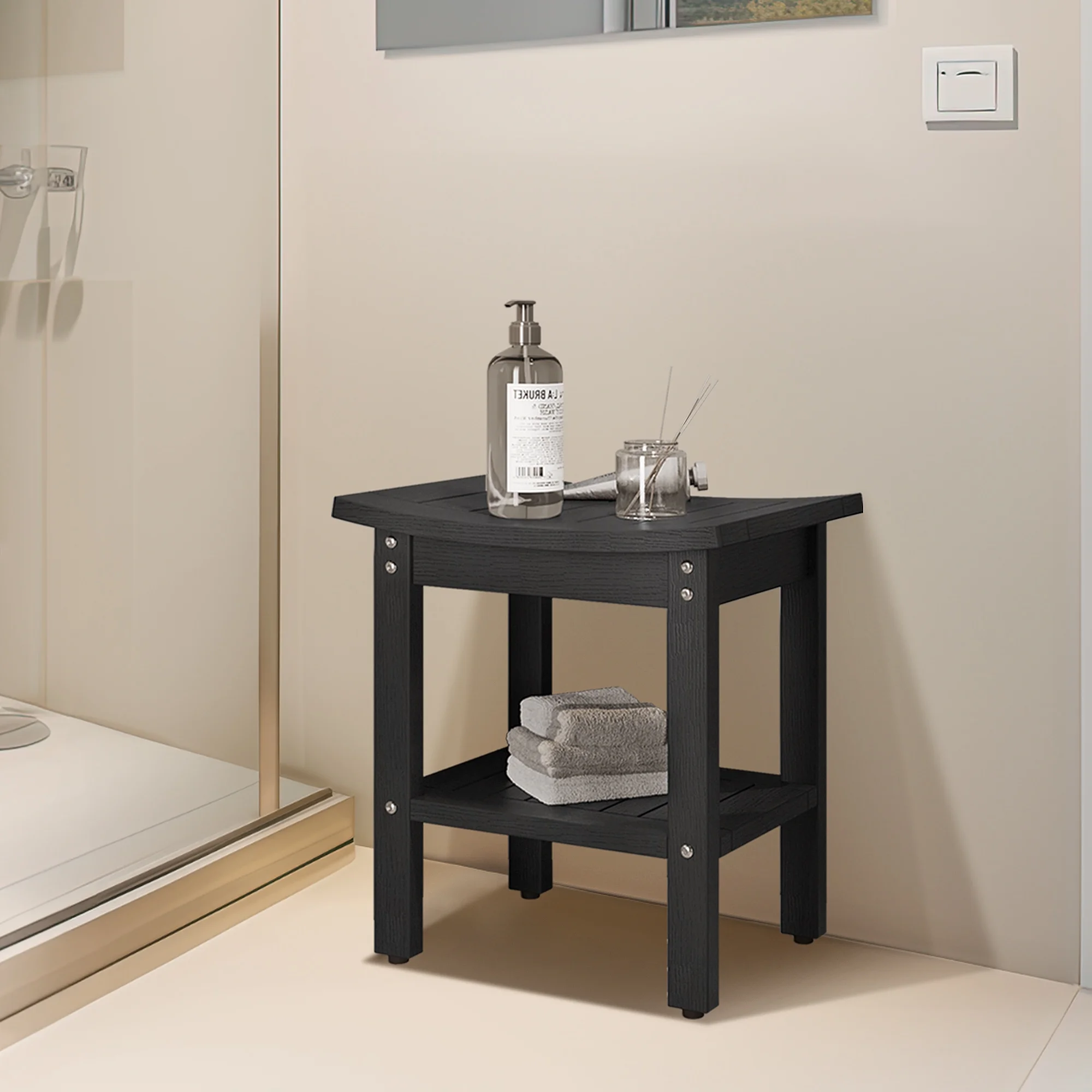 Dextrus Poly Lumber Shower Bench with Storage Shelf, Waterproof Shower Chair Wooden Spa Bath Organizer Seat Stool for Inside Shower, Bathroom Bench Seat for Indoor or Outdoor - Black
