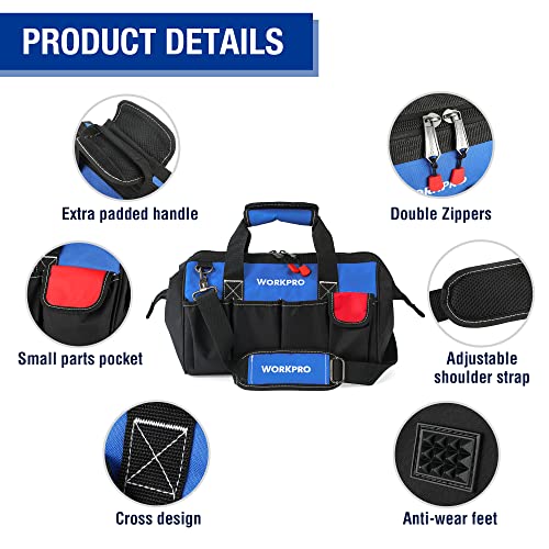 WORKPRO 18-inch Close Top Wide Mouth Storage Tool Bag with Adjustable Shoulder Strap, Sturdy Bottom