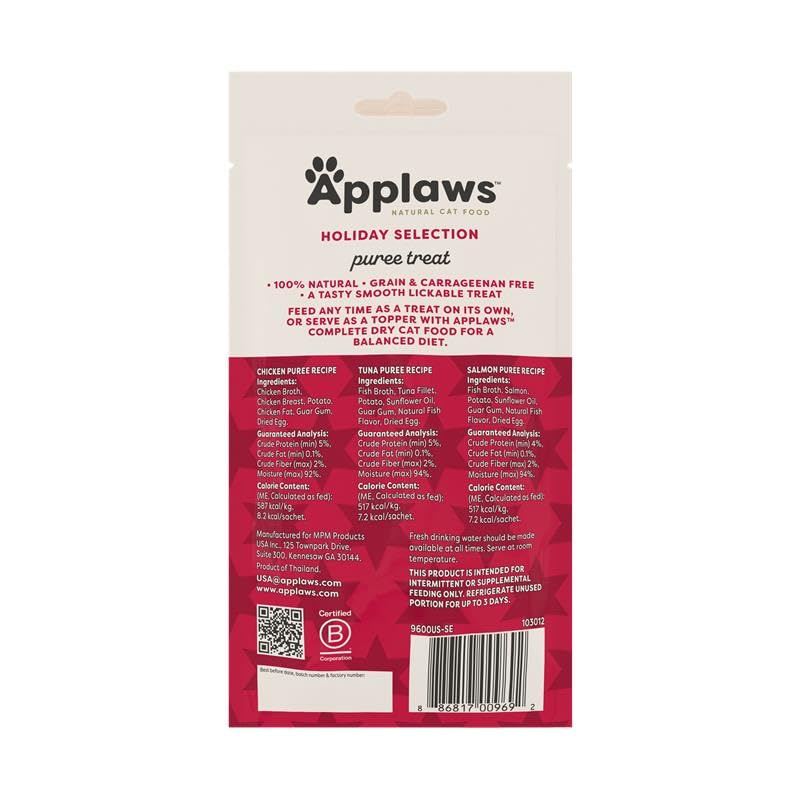 Applaws Lickable Cat Treats, Natural Grain-Free Purée, Limited Ingredient Variety Pack with Chicken, Tuna & Salmon Squeeze Up Treats (50 x 0.5oz Sachet Tub)