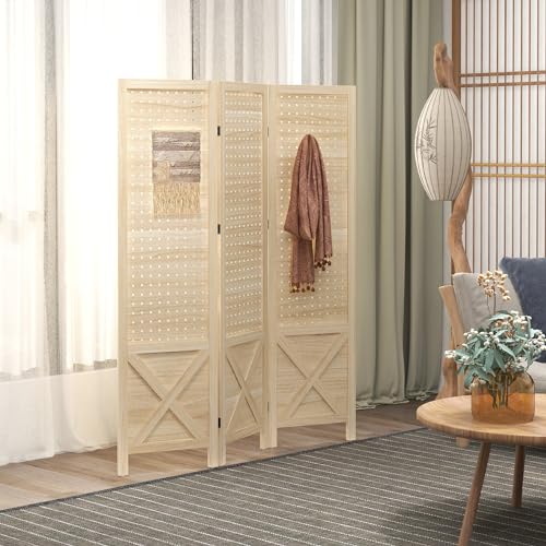 HOMCOM 4 Panel Pegboard Display Room Divider, 4.7' Tall Wood Folding Privacy Screen, Partition Wall Divider for Home Office, Natural