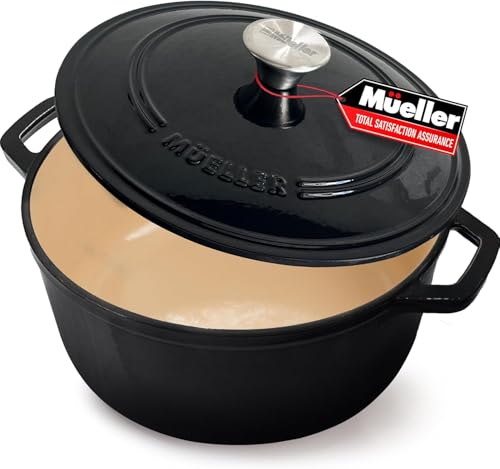 Mueller 6qt Enameled Cast Iron Dutch Oven, Heavy-Duty Casserole and Braiser Pan with Lid and Knob, Oven-Safe up to 500° F & Across All Cooktops, White