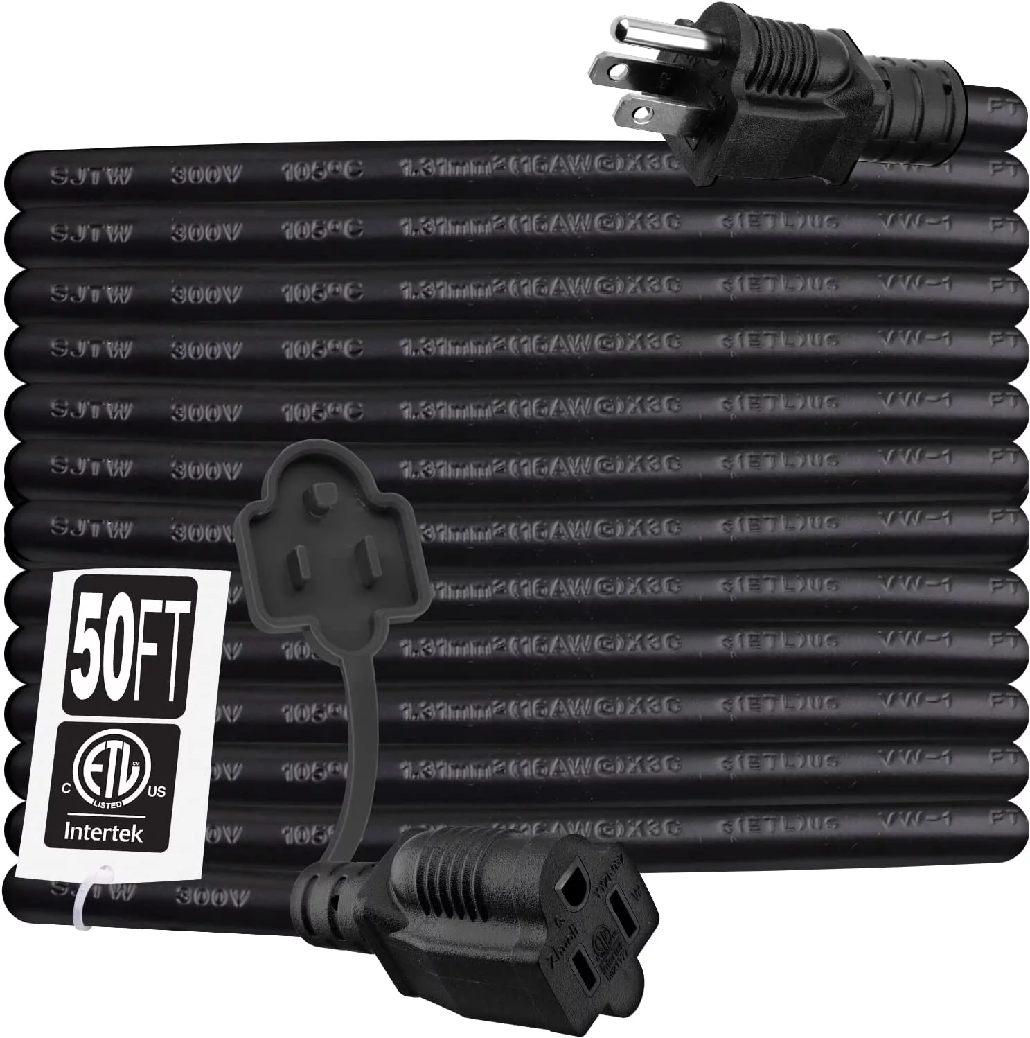 Kasonic 50 Feet Power Extension Cord Outlet, ETL Listed, SJTW 16AWG/13A 3 Prong Extension Cords with Protective Safety Cover, Indoor/Outdoor Use, 1 Pack