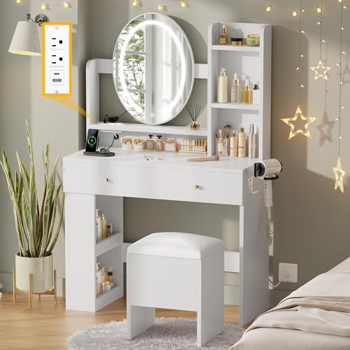 DWVO Vanity Desk with Mirror and Lights, Makeup Vanity Table Set with Power Outlets and Chair, 3 Lighting Colors, Makeup Desk with 3 Drawer and Lots Storage Shelves, Bedroom, White Dressing Table
