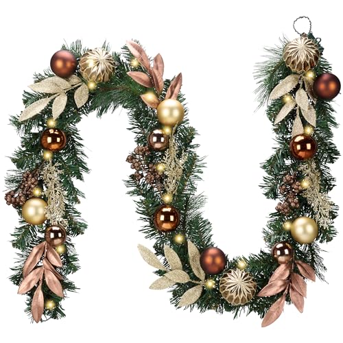 Valery Madelyn 9 Ft Pre-Lit Christmas Garland with Lights for Mantle, Lighted Outdoor Xmas Garland with Silvery White Ball Norfolk Pine for Home Stairs Fireplace Table Centerpiece Indoor Holiday Decor