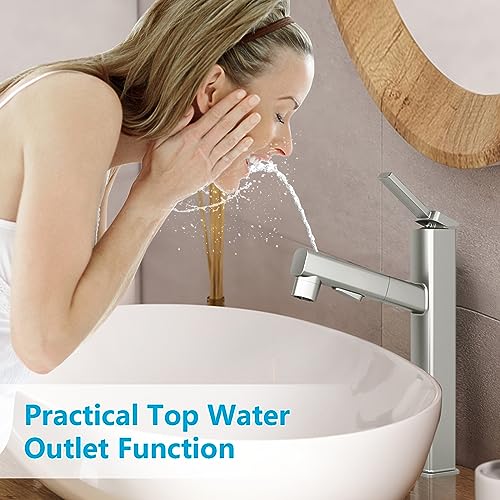 MIAOHUI Vessel Sink Faucet with Pull Out Sprayer, Tall Bathroom Sink Faucet with 3 Spray Mode, High Bathroom Faucets for Sink 1 Hole, Single Handle Modern Vanity Faucet with Fountain Mode, Matte Black