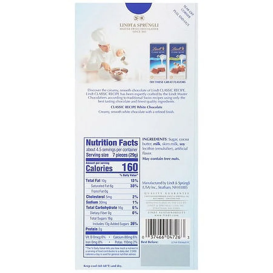 Lindt Classic Recipe White Chocolate Bar White Chocolate4.4oz Pack of 2