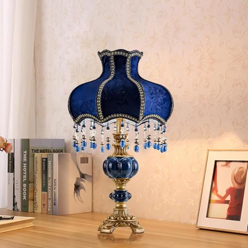 European Style Table Lamp with Fabric Lampshade Hand-Made Antique Varnished Resin Lampbody Victorian Style Table Lamp for Living Room Bedroom(Blue)