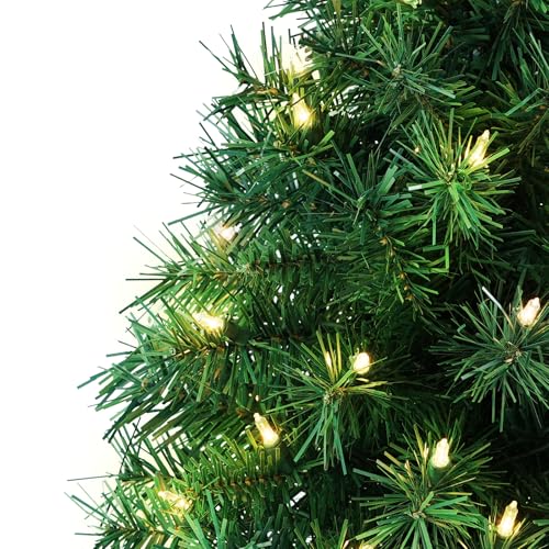 22 Inch Pre-Lit Desktop Christmas Tree with 35 Warm White Lights, Artificial Mini Xmas Tree with 75 Branches & Red Velvet Base for Office Home Tabletop Holiday Decor