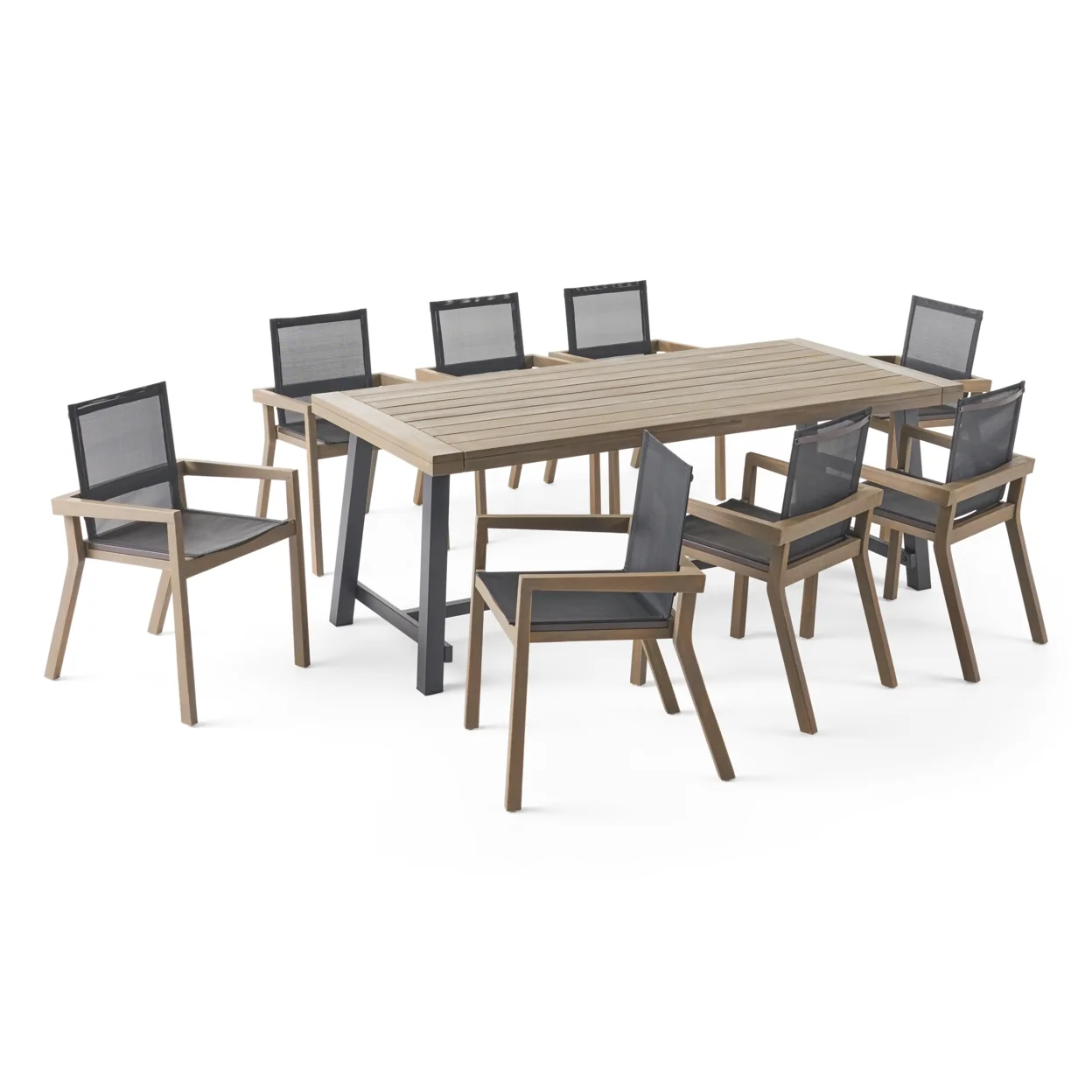 GDF Studio Claude Outdoor Mesh and Acacia Wood 9 Piece Dining Set, Gray