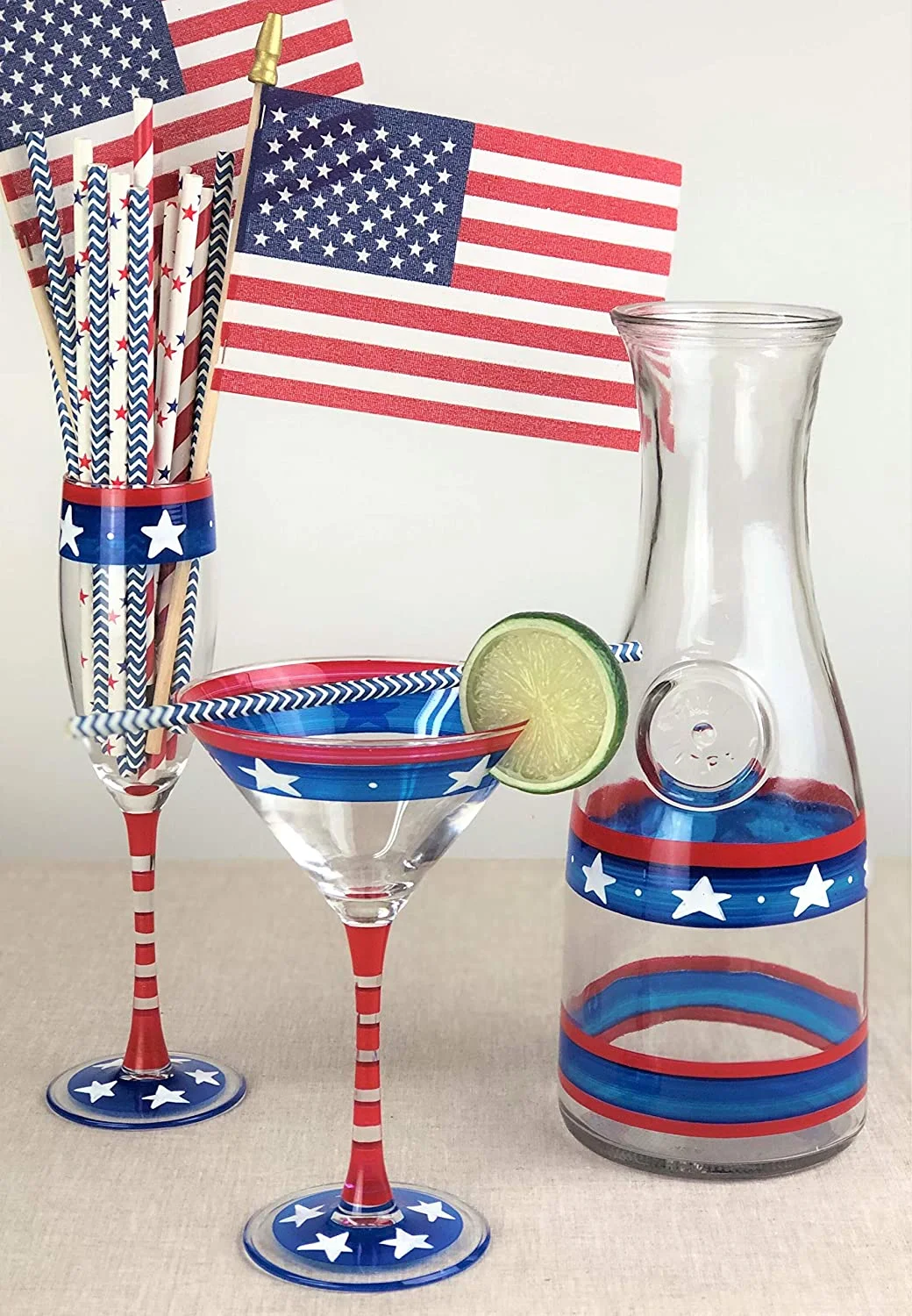 Hand Painted Martini Glasses Set Of 2 - Patriotic Collection - Hand Painted Glassware By Artists - Unique And Decorative Martini Glasses, July 4Th Kitchen Table Décor