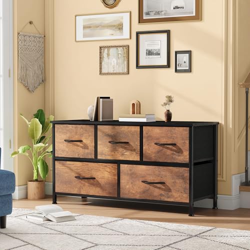 DWVO TV Stand, Fabric Tower with 5 Drawers, Dresser for Bedroom, Storage Tower, Chest of Drawers for Closet, Living Room, Hallway