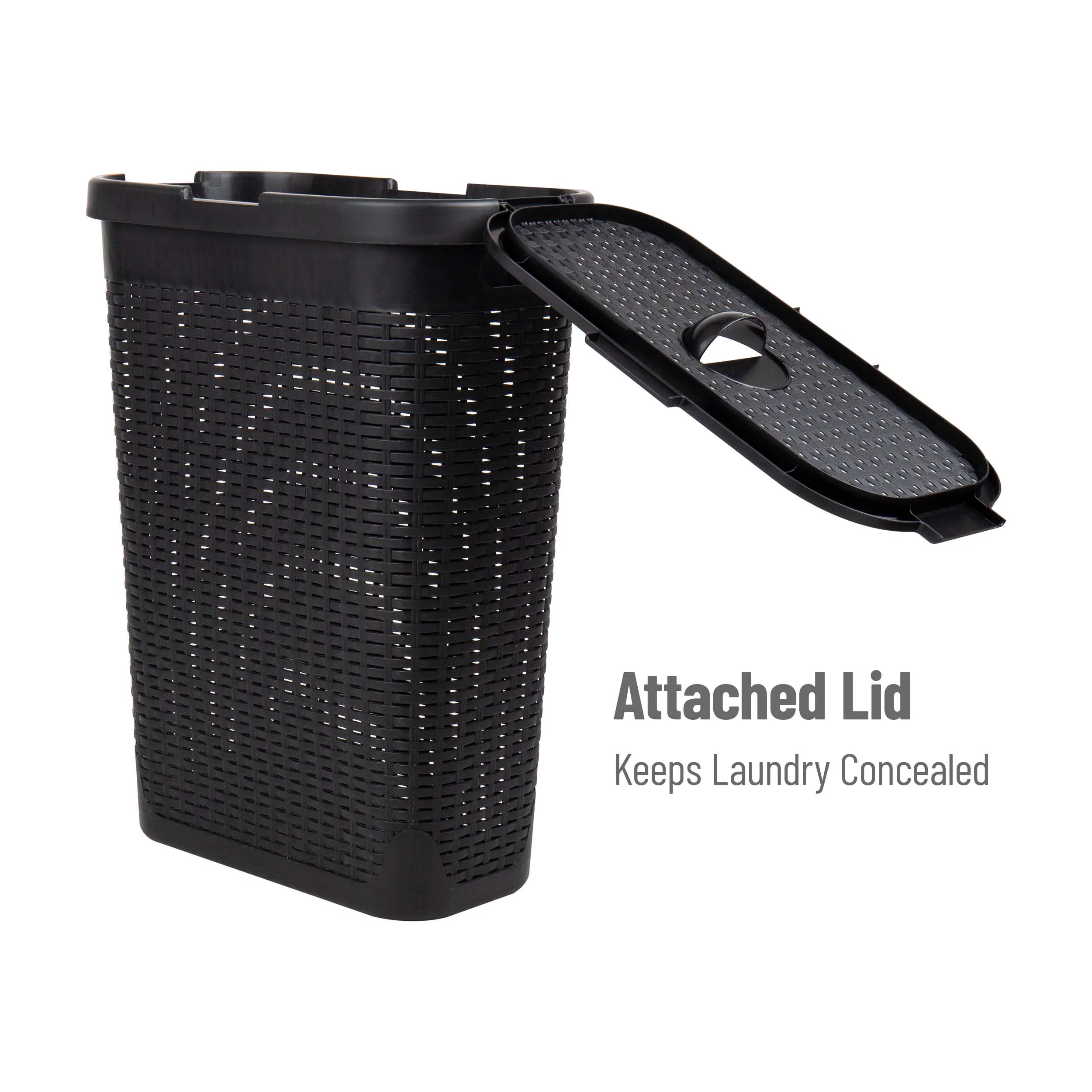 Mind Reader 40L Slim Laundry Hamper, Clothes Basket, Lid, Wicker Design, Plastic, 18