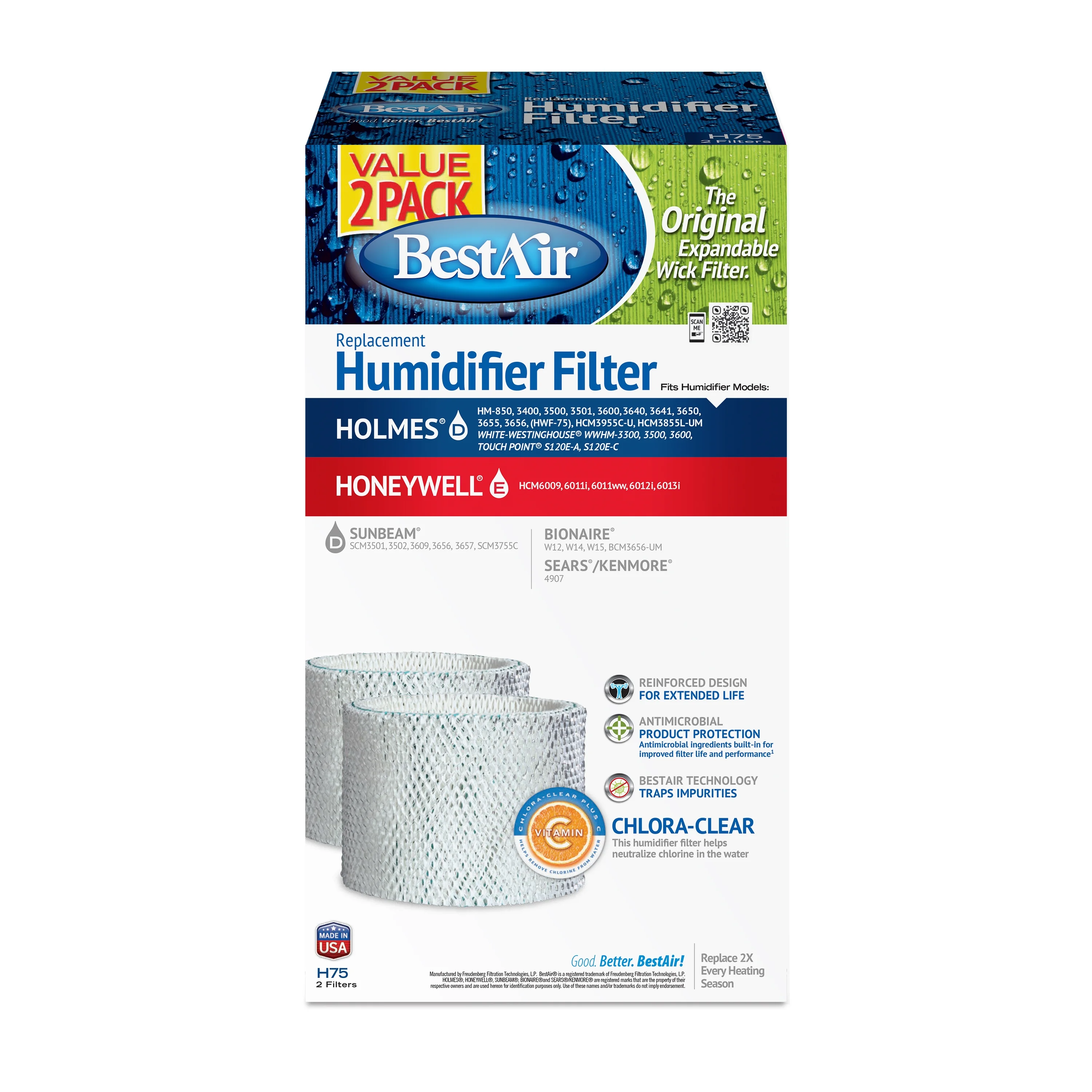 BestAir® H75 Value 2 Pack Extended Life Humidifier Replacement Paper Wick For Holmes Humidifiers. SIZE: 7 1/2″ x 28 1/8″ x 1″. WEIGHT: 0.75 lbs.