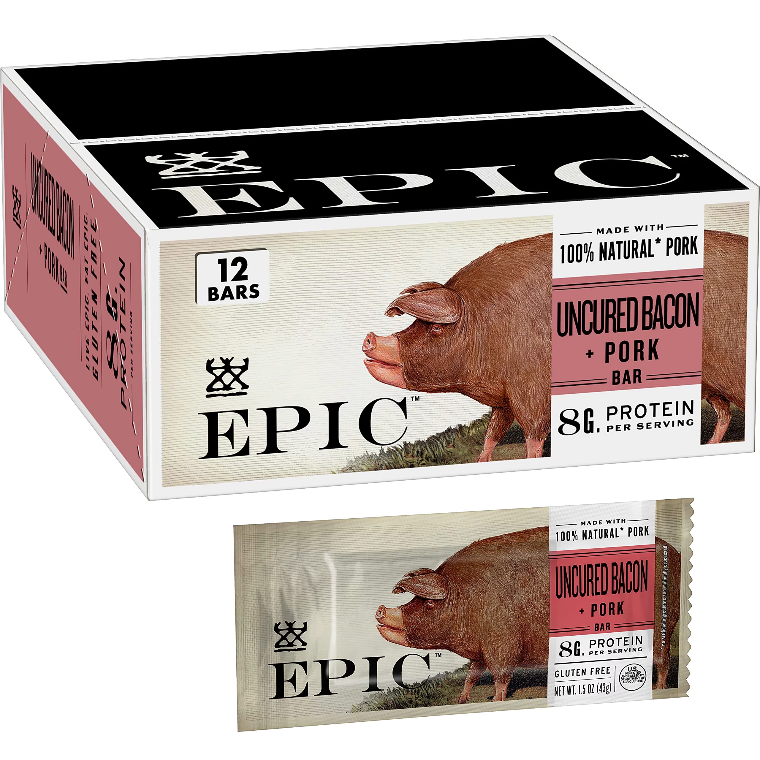 Epic Provisions Uncured Bacon Protein Bars, Paleo Friendly, 12 Ct, 1.5 Oz Bars