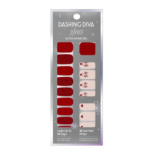Dashing Diva Gloss Nail Strips - Santa Baby | UV Free, Chip Resistant, Long Lasting Gel Nail Stickers | Contains 32 Nail Wraps, 1 Prep Pad, 1 Nail File
