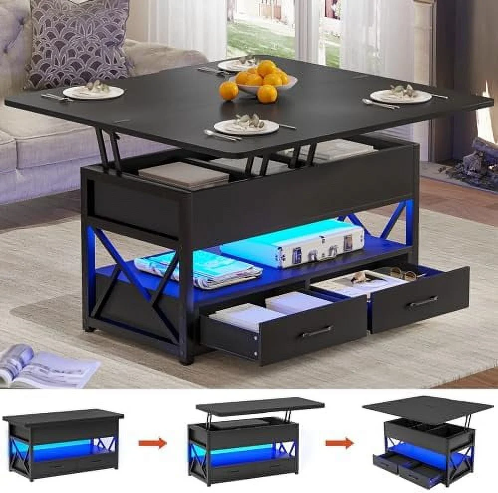 TJUNBOLIFE 40" Lift Top Coffee Table  4 in 1  with  for Living Room  Small Farmhouse Coffee Table with 2 Drawers & LED Light for Dining Reception Room  Rustic White