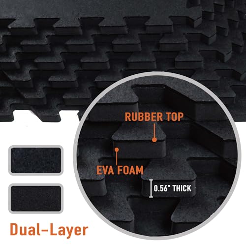 AIRHOP 0.56in Thick 24 Sq Ft Exercise Equipment Mats, 6 Tiles Upgraded Rubber Top with High Density EVA Foam, Large Interlocking Puzzle Gym Flooring for Home Gym, Heavy Weight Workout, 24 x 24in