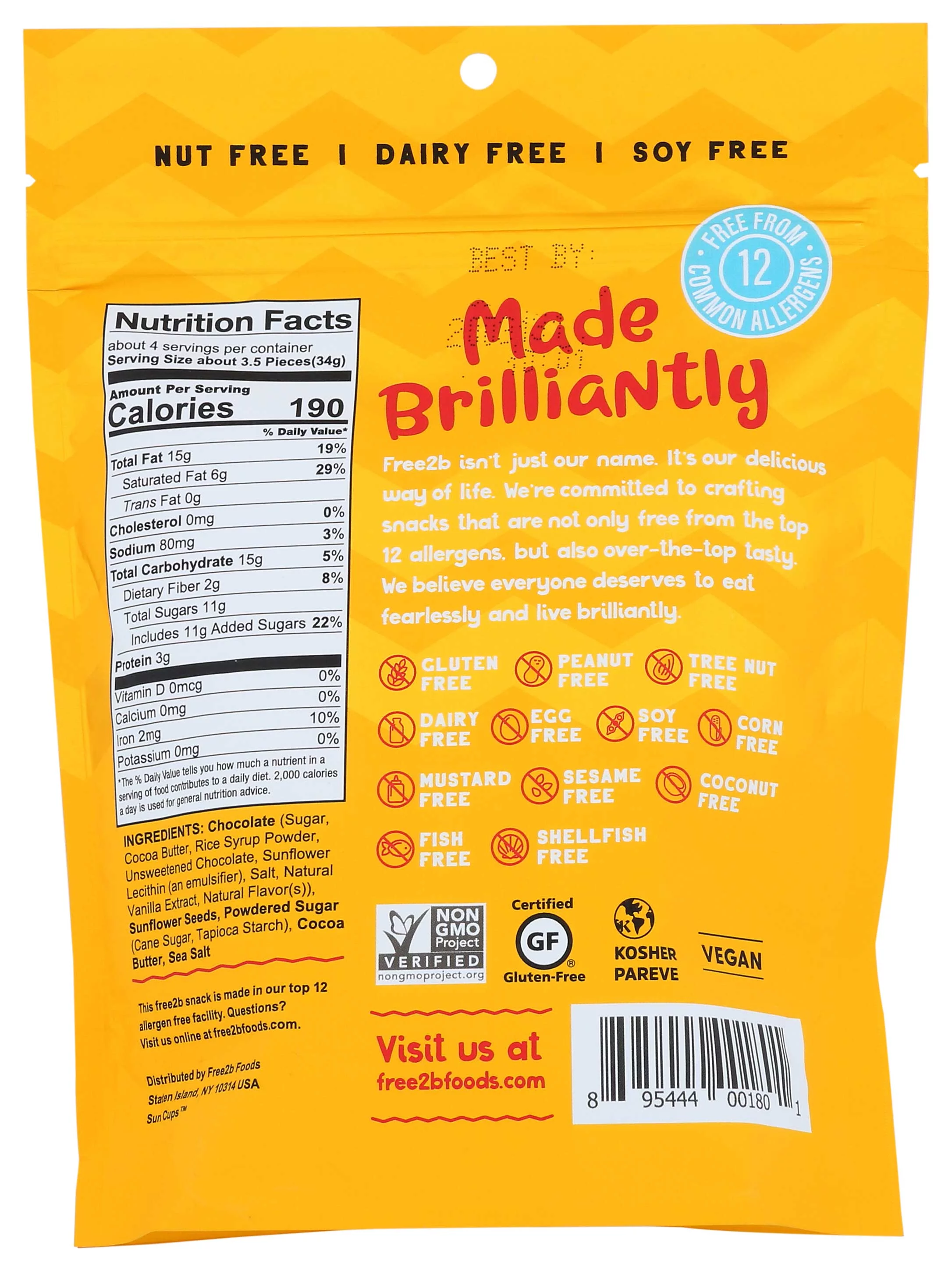 Free2b Dark Chocolate Sunflower Butter Mini Cups, 4.2 Ounces, 6 Per Case