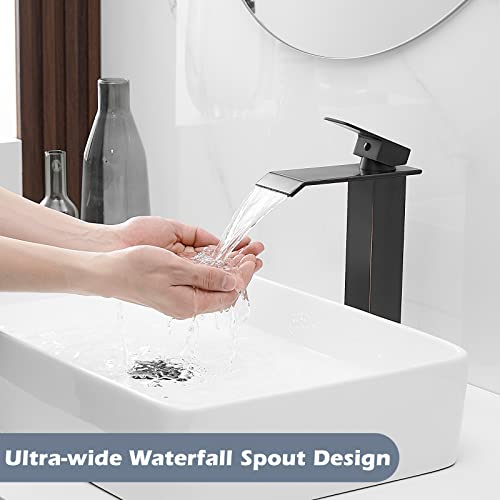 BWE Brushed Nickel Vessel Sink Faucet Waterfall with Pop Up Drain Assembly and Supply Hose Lavatory Bathroom Faucet Single Handle Mixer Tap Deck Mounted