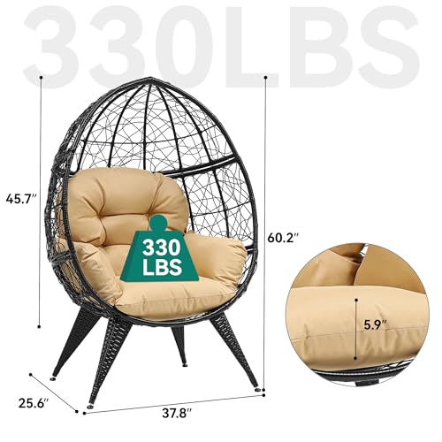 YITAHOME Oversized Wicker Egg Chair for Indoor and Outdoor Use with Stand, Cushion, and Leveling Feet, Large Lounger for Patio, Garden, Backyard, Balcony, Supports up to 330lbs, Grey