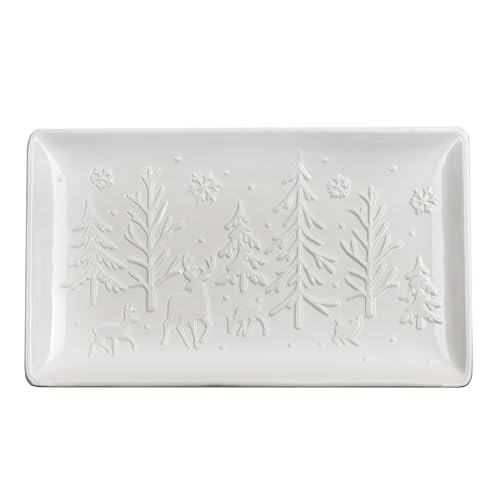 AuldHome Design Reindeer Christmas Tree Platter; Ceramic Embossed White Serving Tray
