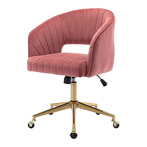 Nrizc Velvet Home Office & Living Room Desk Chairs with Adjustable Swivel Wheels, Ergonomic Upholstered Office Chair for Bedroom, Vanity Study (Rose)