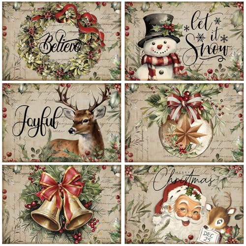 Christmas Placemats Set of 12, 12x18 Inch Vintage Linen Fabric Christmas Placemats Washable Table Mats for Dining Kitchen Indoor Outdoor Party Holiday Decoration
