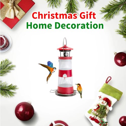 Solar Bird Feeder Lighthouse Hanging Outdoor Birdfeeder Garden Lantern Waterproof LED Lights Backyard Décor Patio Gifts for Bird Lovers (B-Lighthouse, Red)