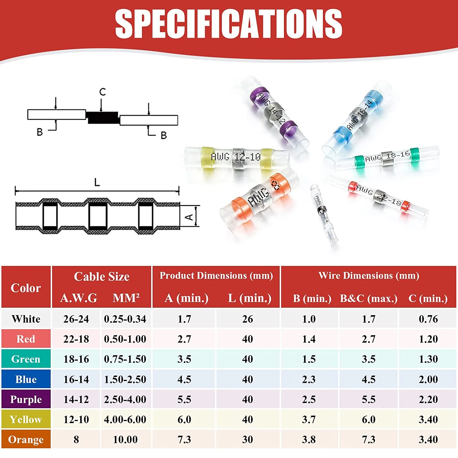 Camtek 200PCS Red Solder Seal Wire Connectors 22-18 AWG, Self Soldering Heat Shrink Wire Connectors Marine Grade Waterproof Insulated Electrical Butt Splice Wire Terminals for Automotive Boat Truck
