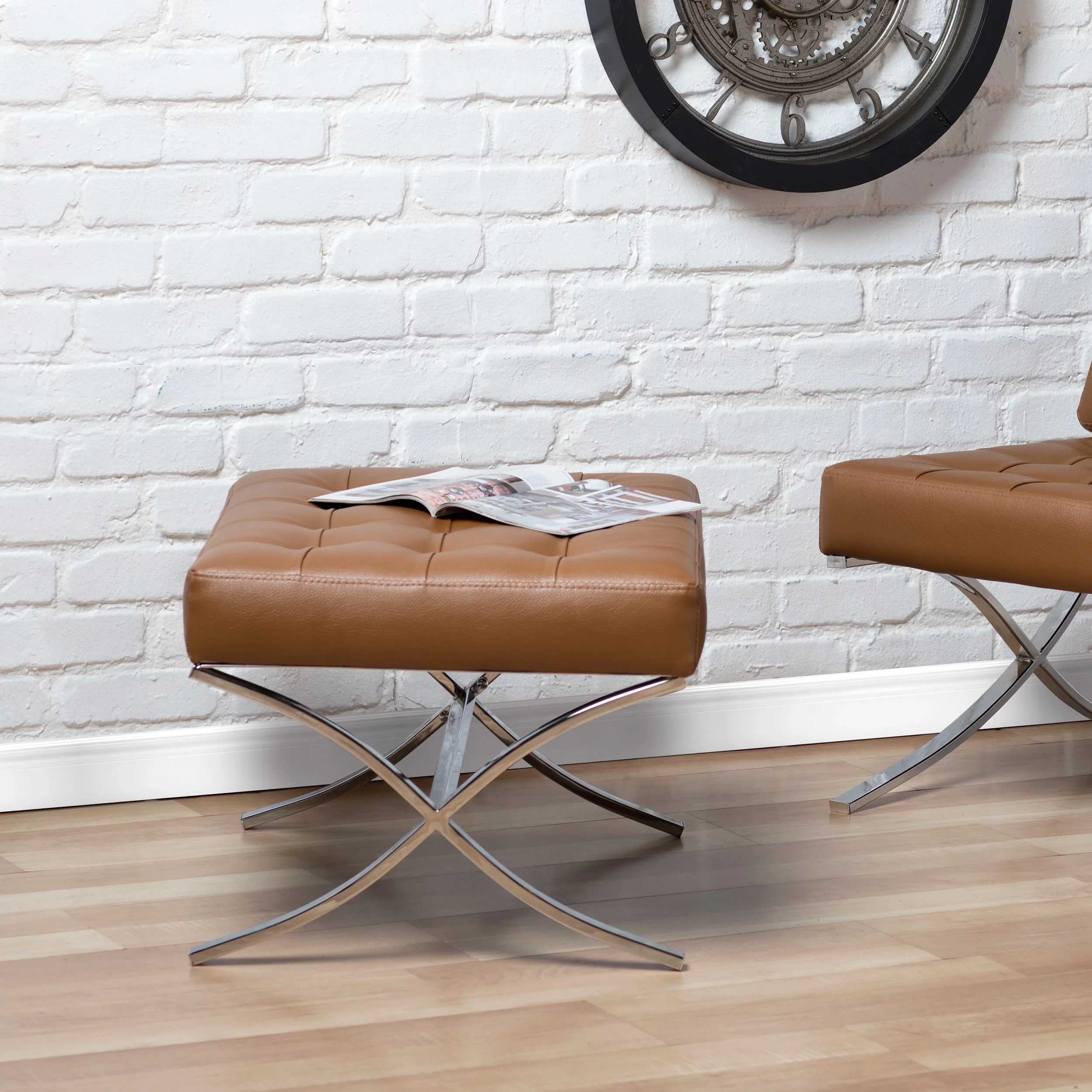 Studio Designs Home Atrium Bonded Leather Tufted Ottoman, Caramel Brown