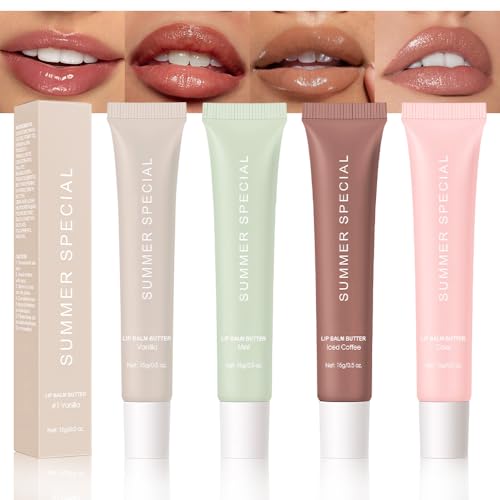 4 PCS Summer Special Lip Butter Balm – Ultra-Hydrating Lip Care with Shea Butter & Olive Oil, Soothes Dry Lips with Natural Tint & Gloss Effect, Lip Plumper Moisture & Light Lip Stain Finish