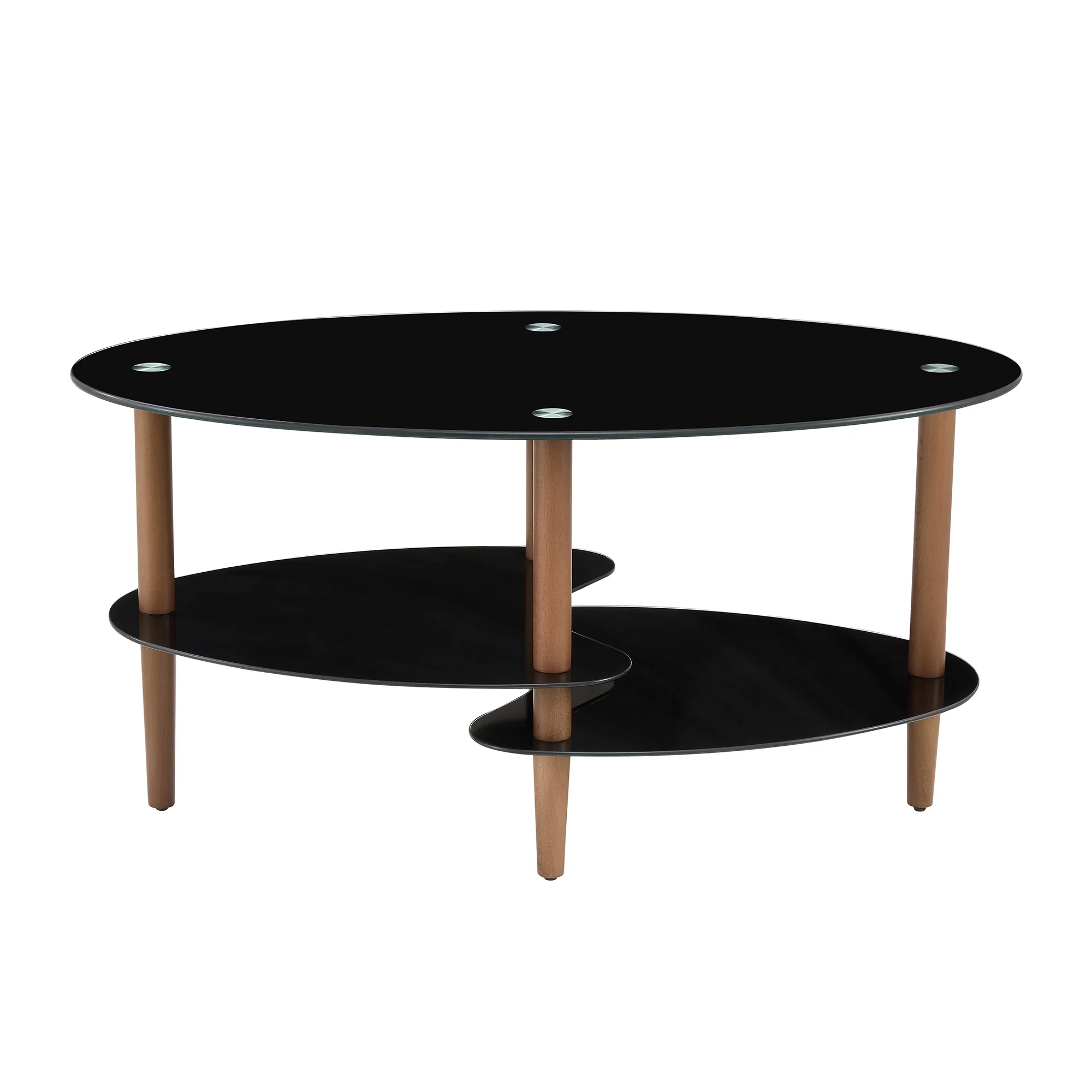 Black Oval glass coffee table, modern table in living room Oak wood leg tea table 3-layer glass table