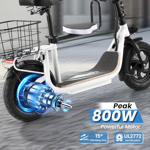 Caroma Peak 500W/800W/1200W Electric Scooter with Seat, 30 Miles Max Range Electric Scooter Adults&Teens, 48V Large Battery, 20MPH Top Speed Foldable Ebike, Adjustable E-Bike with Basket&Kid Seat