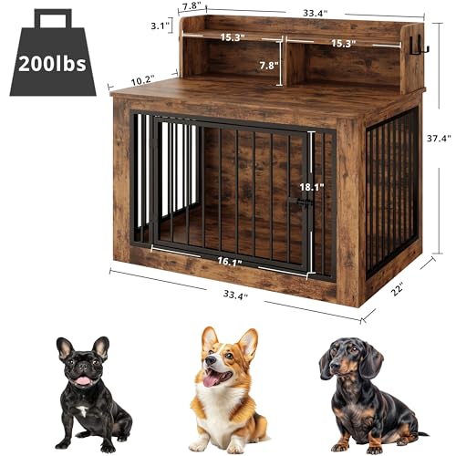 IRONCK Extra Large Dog Crate Furniture, 43.3 inches Wooden Dog Crate with Storage and 4 Hooks, Heavy Duty Pet Crate for Large Dog, Decorative Pet Cage for Indoor (30