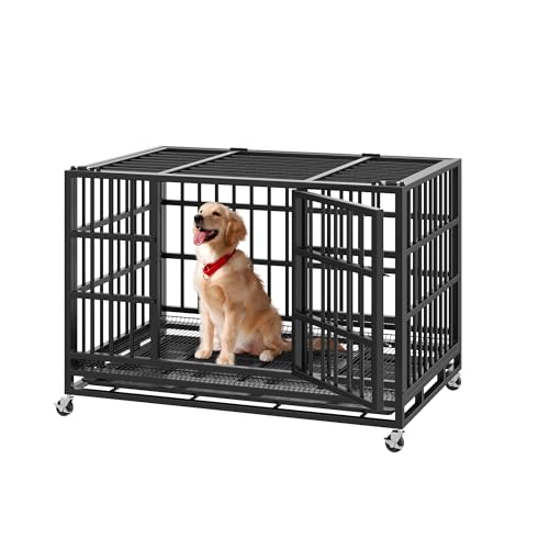 LEVELEVE 48 Inch Heavy Duty Indestructible Dog Crates for Large Dogs，Escape Proof Dog Cage Large Dogs with Lockable Wheels，Dog Kennel Furniture Indoor&Outside
