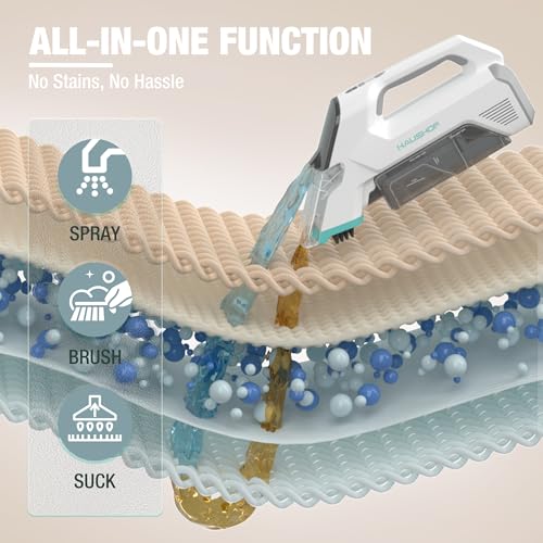 HAUSHOF Handheld Carpet Cleaner, 12V Cordless Portable Carpet Cleaner, 6.5KPa Spot Cleaner with 2 Water Tanks, Type-C Charge, Spot & Stain Cleaner, Handheld Upholstery Cleaner for Stairs, Car