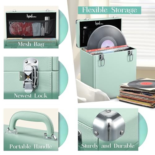 Hododou Vinyl Record Storage Box with Lock Record Organizer Storage for 30+ Single Records 12-inch Water Resistant Collapsible Storage Crate with Lid Handle Mesh Pouch for Valuable Album Collection