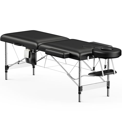 Brelley Massage Table Portable, 2-Fold Lash Bed with Side Pocket, Adjustable Height, Sturdy Aluminum Frame, Esthetician Spa Facial Bed, Tattoo Bed with Face Cradle & Carrying Bag, Black