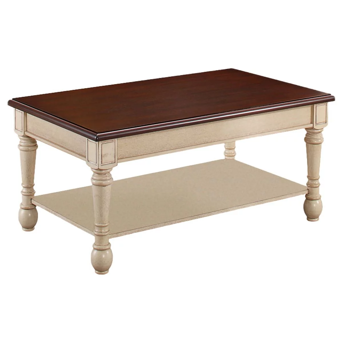 Wooden Frame Coffee Table with Turned Legs, Brown and Antique White- Saltoro Sherpi