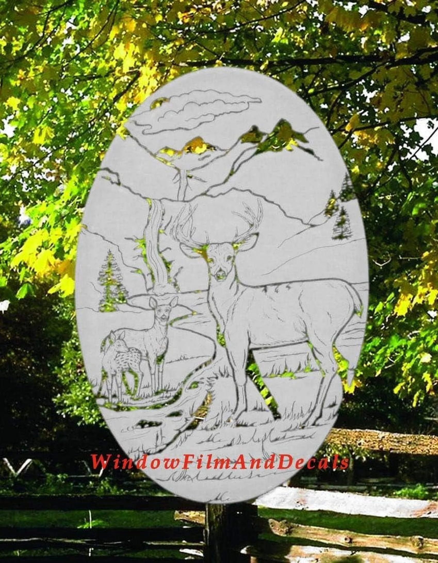 Deer Scene Oval Etched Window Decal Vinyl Glass Cling - 10.5